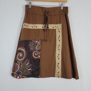 Za Zen Artsy Patchwork Pull On Drawstring Aline Skirt size M Brown Boho Hippie